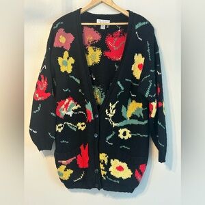 Vintage Cambridge Dry Goods Floral Wool Cardigan Black Size L